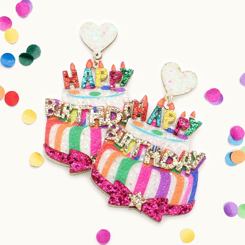 Happy birthday glittered heart cake earrings